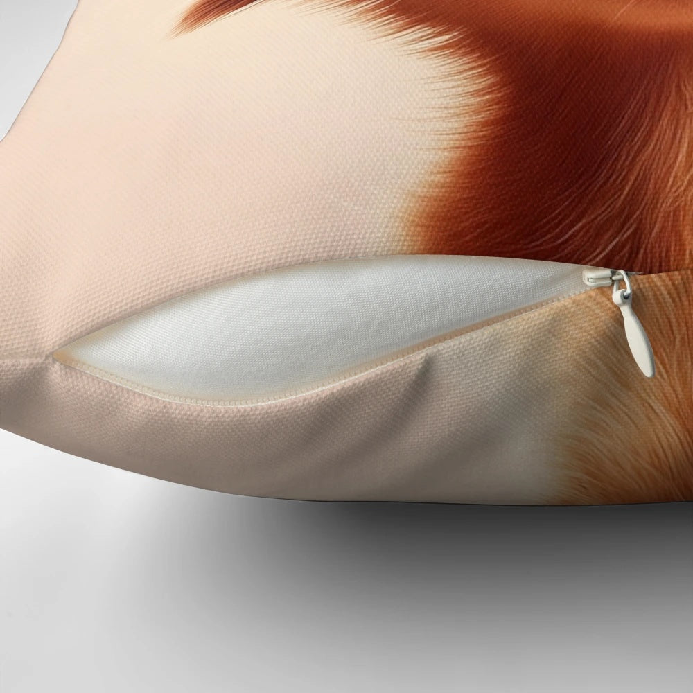 Adorable golden retriever puppy with surprised, wide-eyed expression printed on a pillow
