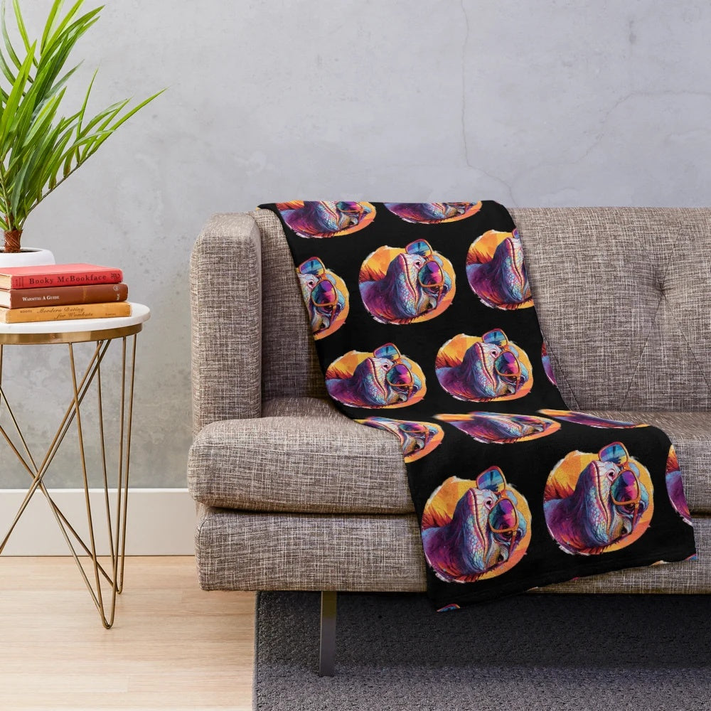 Iguana plush blanket with sunglasses, a cool and funny animal-themed home accessory