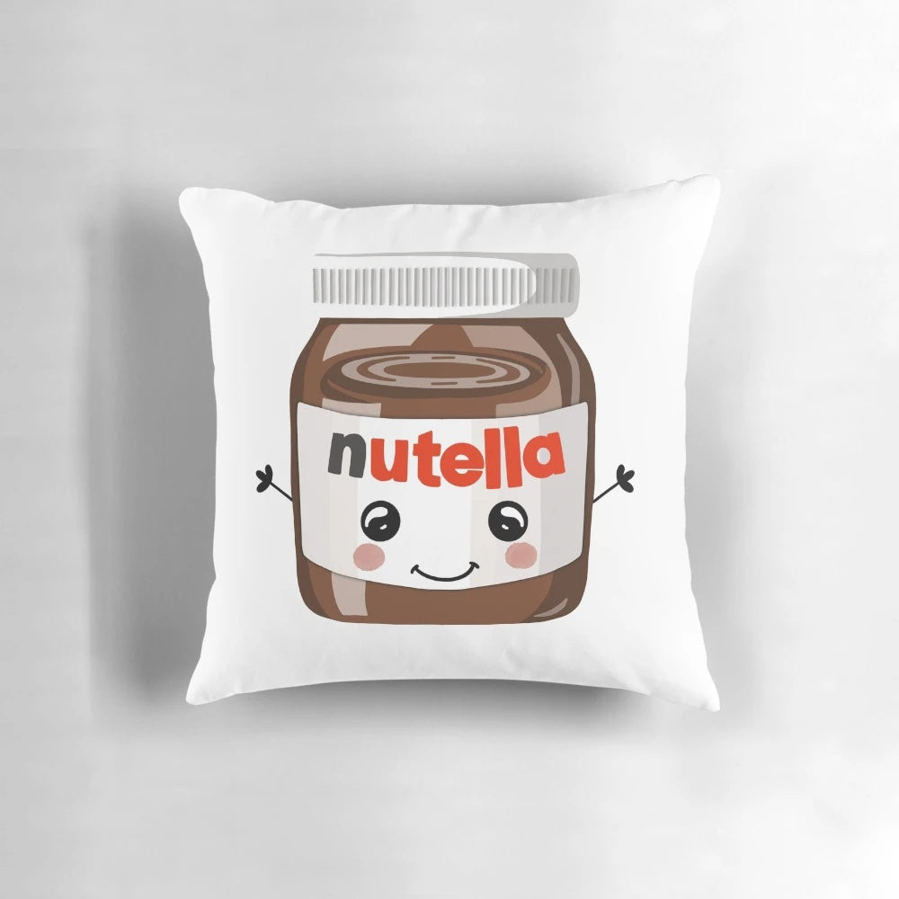 Soft and cuddly Nutella-inspired pillow with a cute character design, perfect for chocoholics and kids.