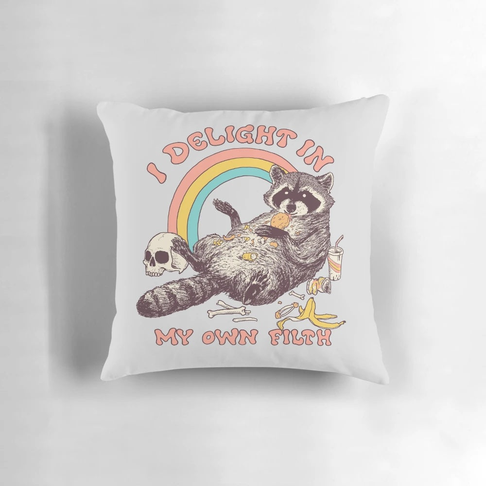 A vibrant, vintage-inspired pillow featuring a playful trash panda design.