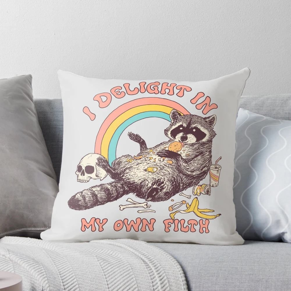 A vibrant, vintage-inspired pillow featuring a playful trash panda design.