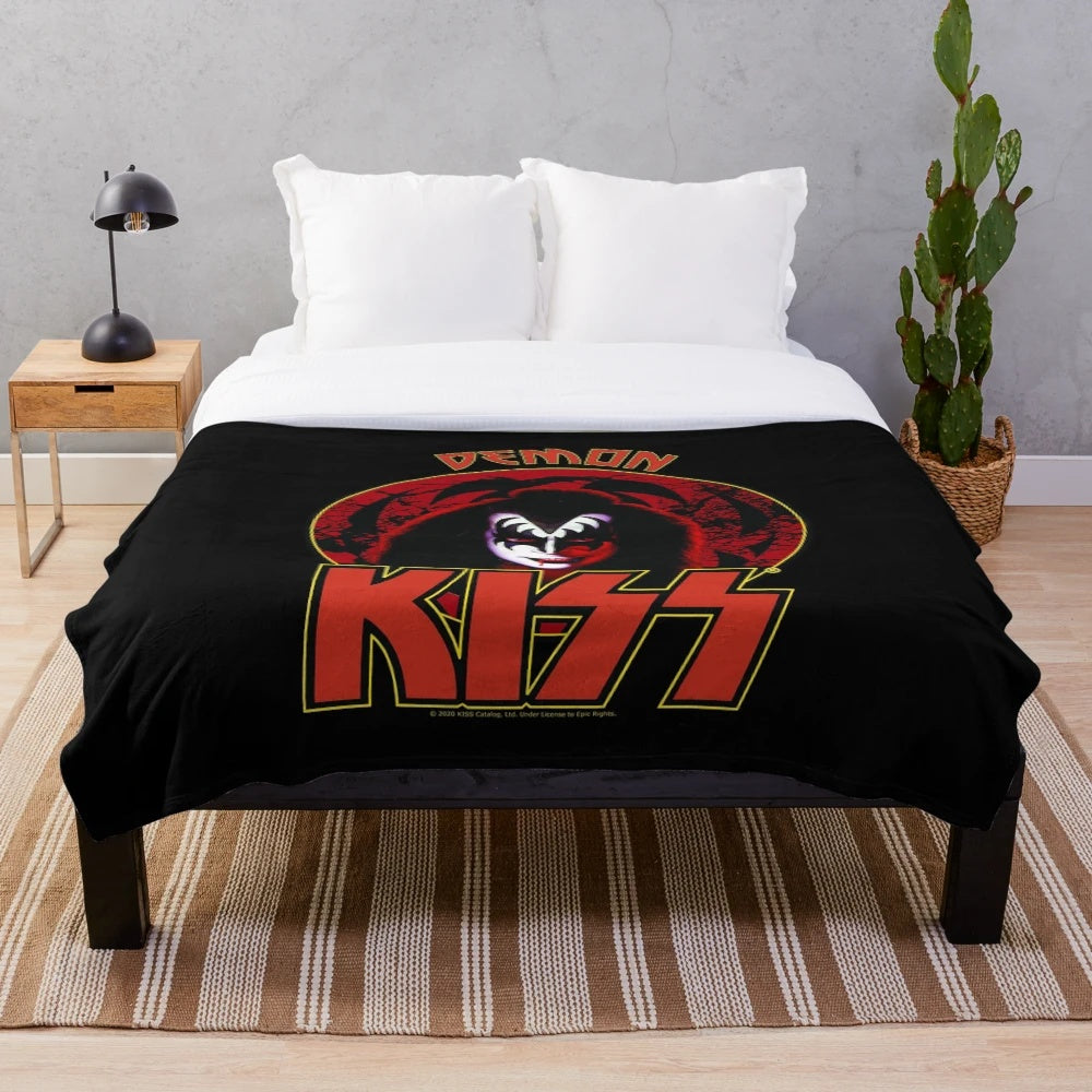 KISS band demon design plush blanket for music lovers