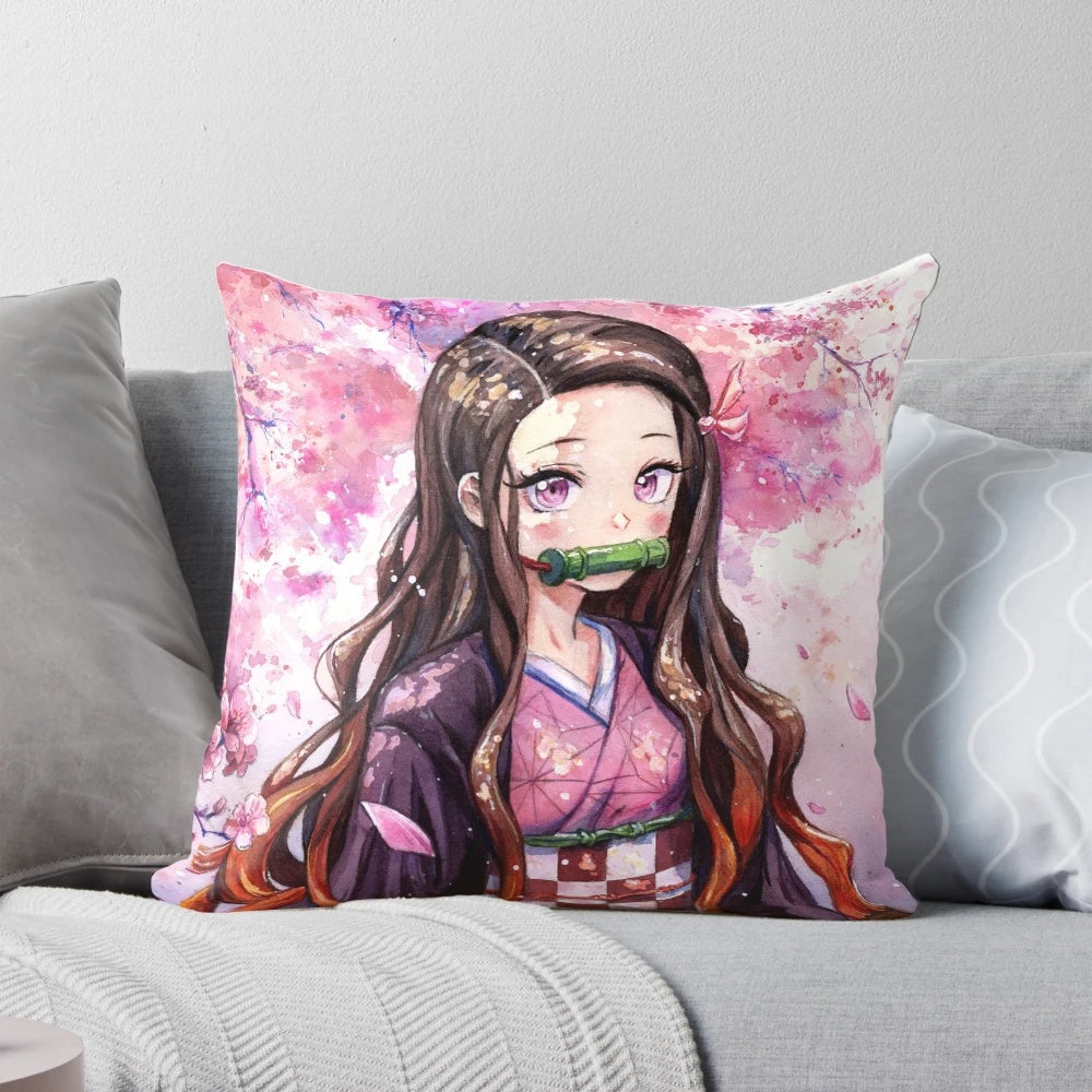 Watercolor artwork of Nezuko from Demon Slayer sitting under a sakura tree