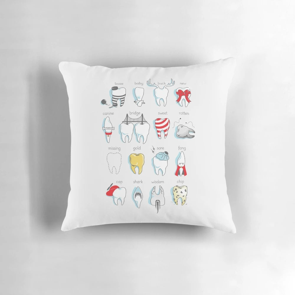 A plush dental pillow with humorous dental definitions printed on it