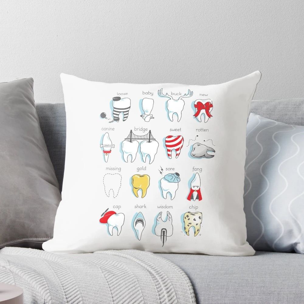 A plush dental pillow with humorous dental definitions printed on it