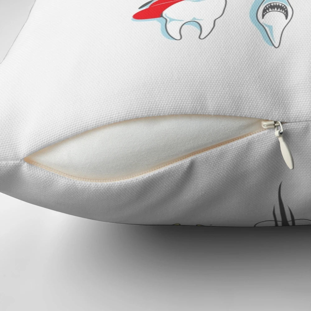 A plush dental pillow with humorous dental definitions printed on it