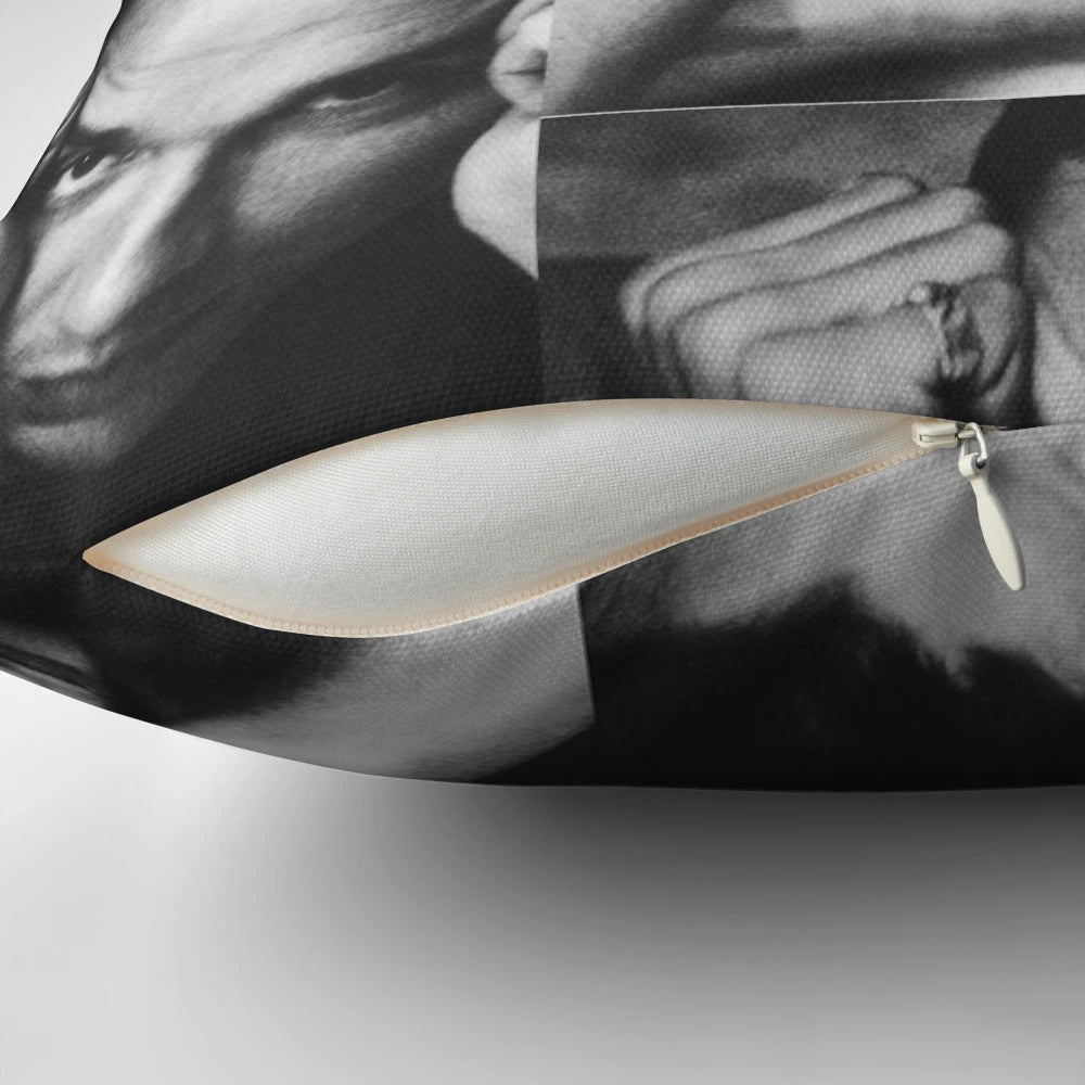 Black and white image of Depeche Mode's lead singer Dave Gahan on a pillow