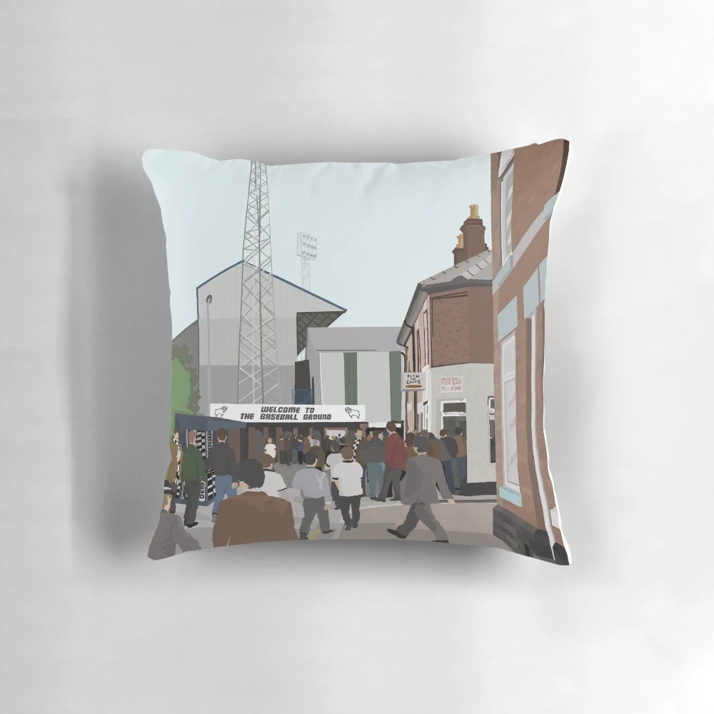 Derby County football pillow featuring the Baseball Ground stadium