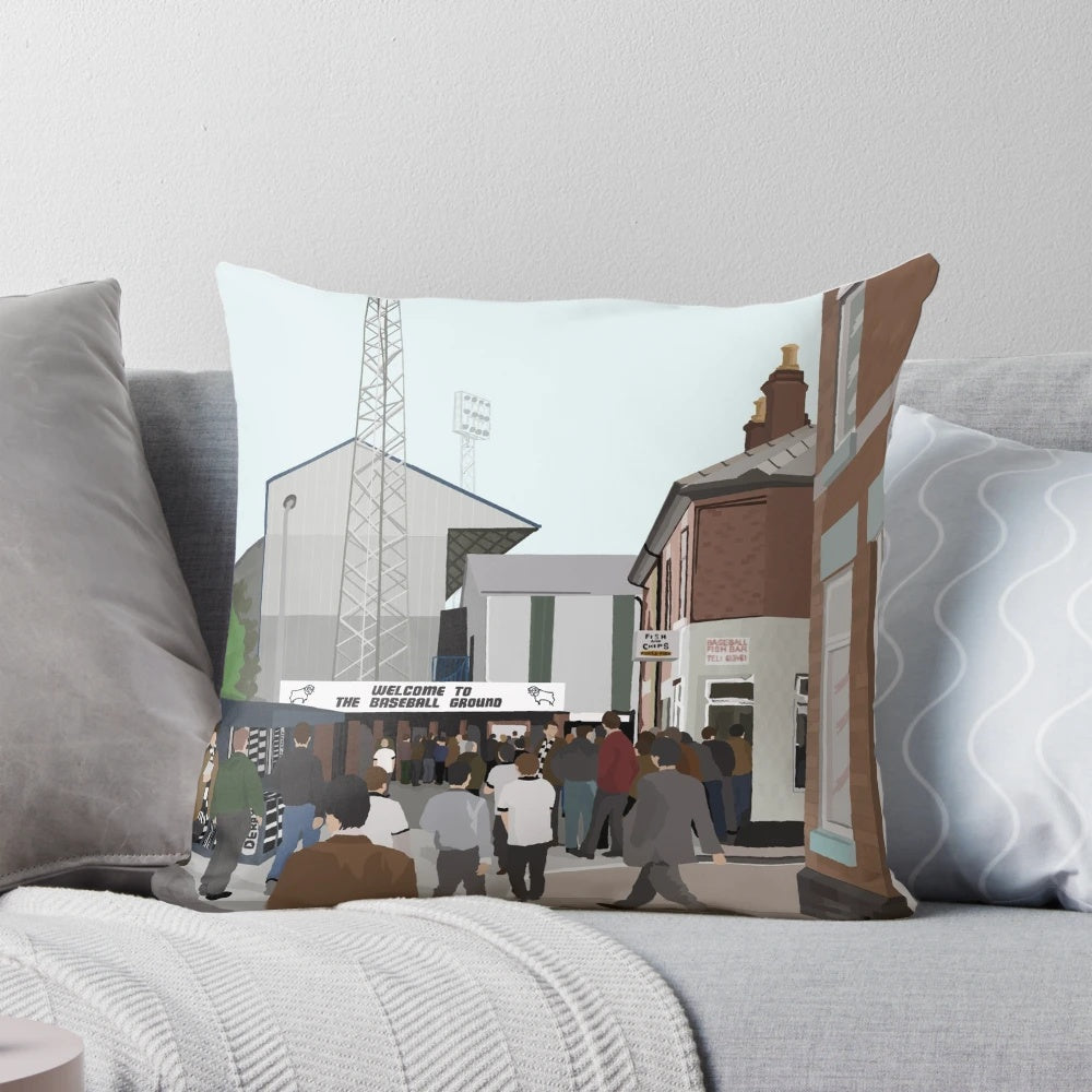 Derby County football pillow featuring the Baseball Ground stadium
