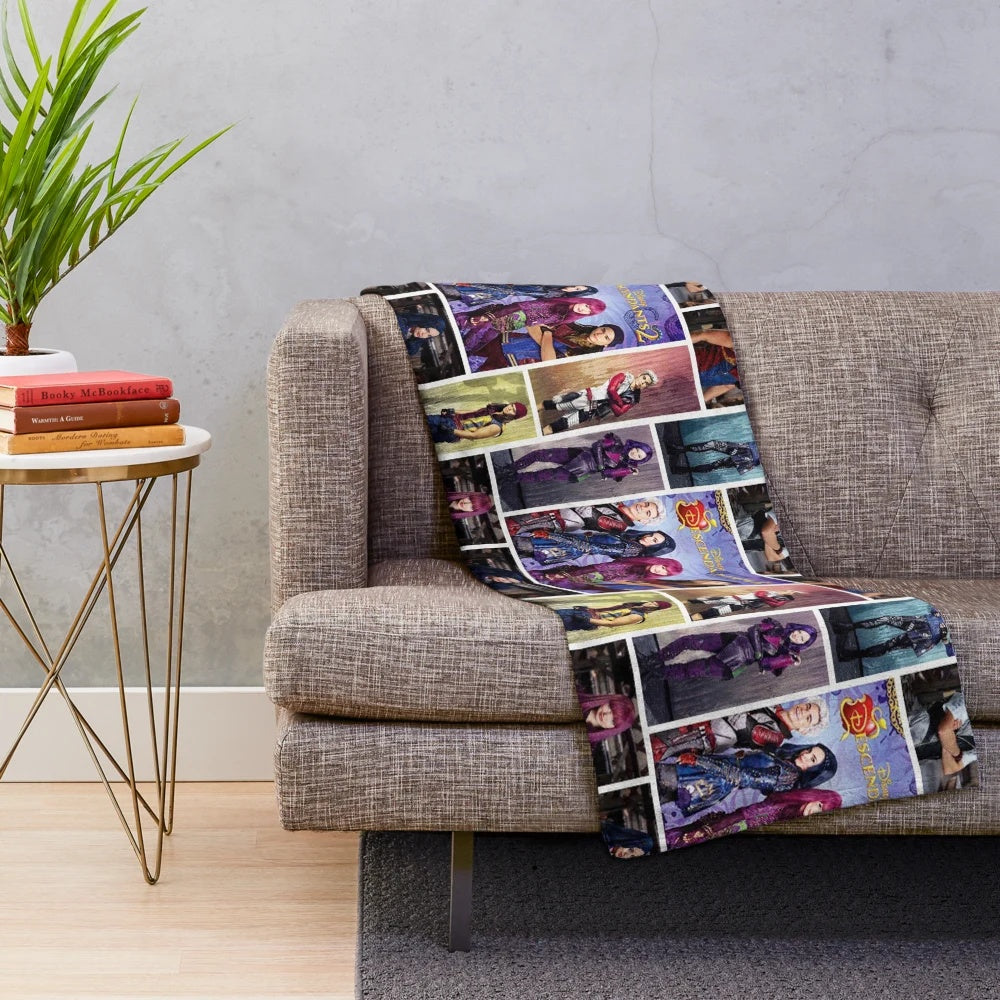 Descendants collage-inspired plush blanket with vibrant colors and patterns