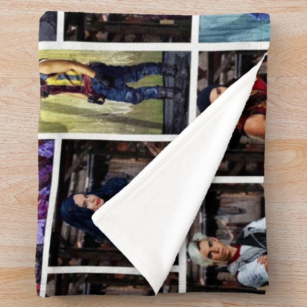 Descendants collage-inspired plush blanket with vibrant colors and patterns