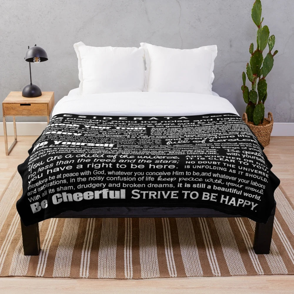 Desiderata inspired black plush blanket featuring the inspirational poem by Max Ehrmann