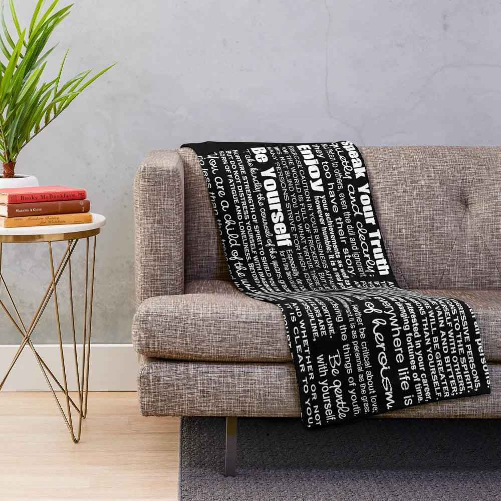 Desiderata inspired black plush blanket featuring the inspirational poem by Max Ehrmann