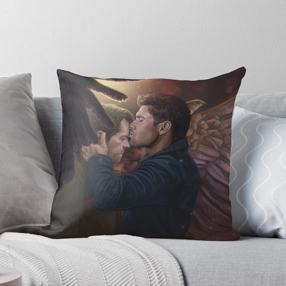 Supernatural Destiel Moment Pillow featuring fan art of Castiel and Dean Winchester