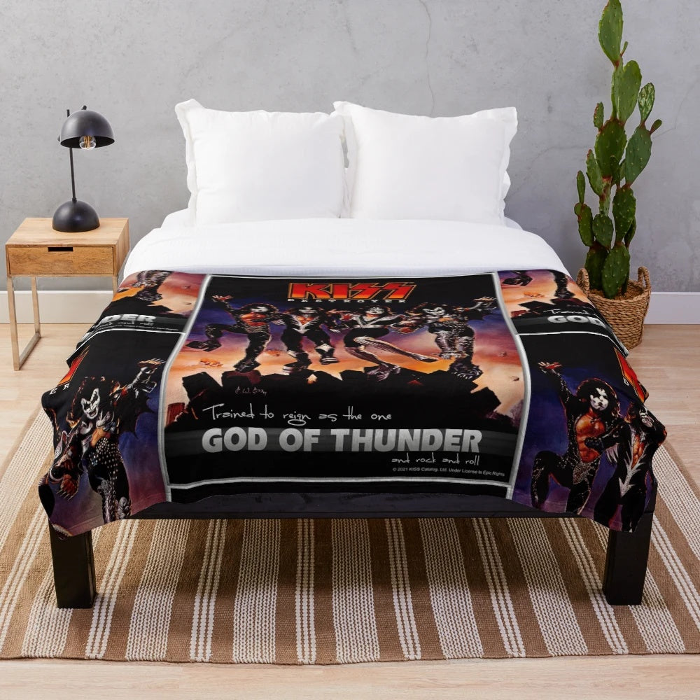 KISS inspired plush blanket featuring the Destroyer album cover and God of Thunder lyrics