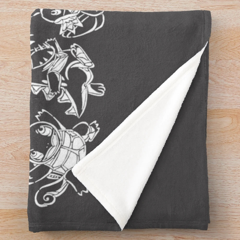 Detailed black and white plush blanket featuring Pokemon-inspired creatures
