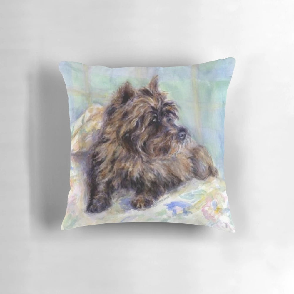 Cairn Terrier Dog Portrait Pillow, featuring a detailed illustration of a Cairn Terrier dog.