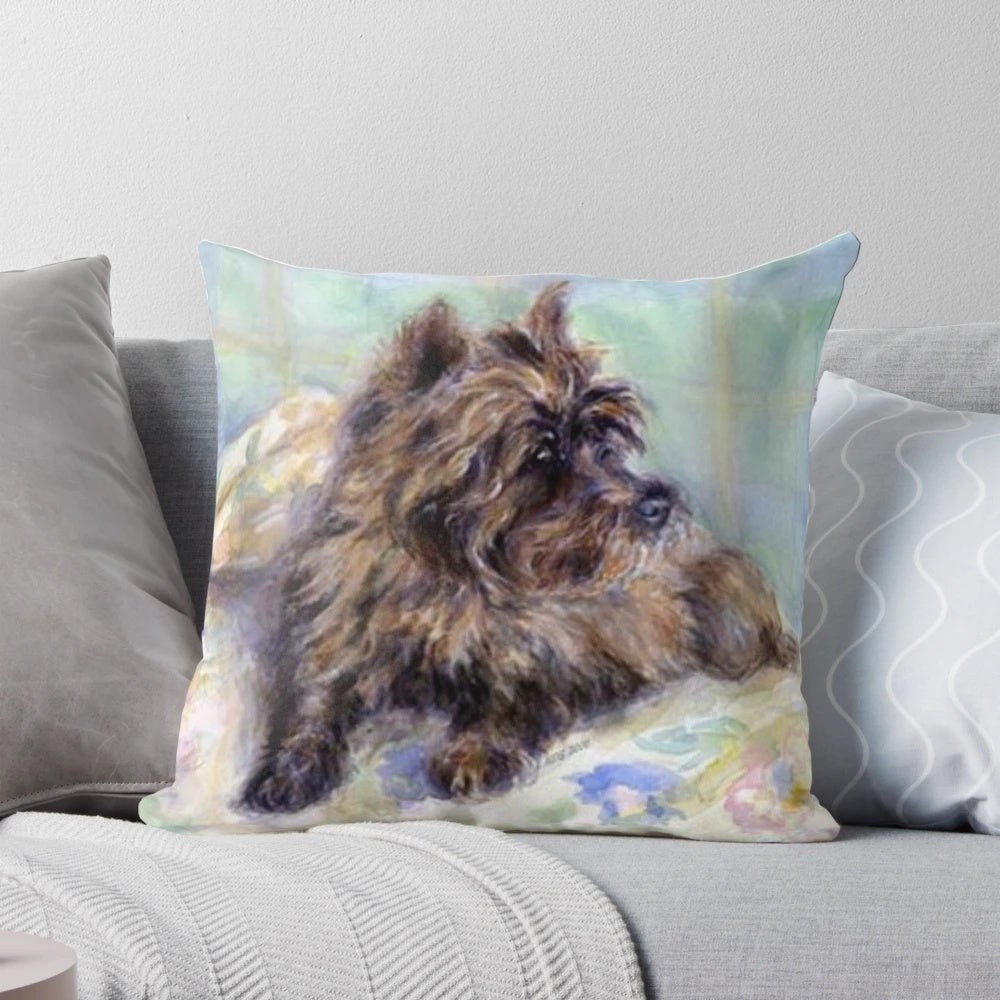 Cairn Terrier Dog Portrait Pillow, featuring a detailed illustration of a Cairn Terrier dog.