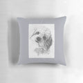 A highly detailed graphite portrait of a Cavachon dog printed on a soft, comfortable throw pillow.