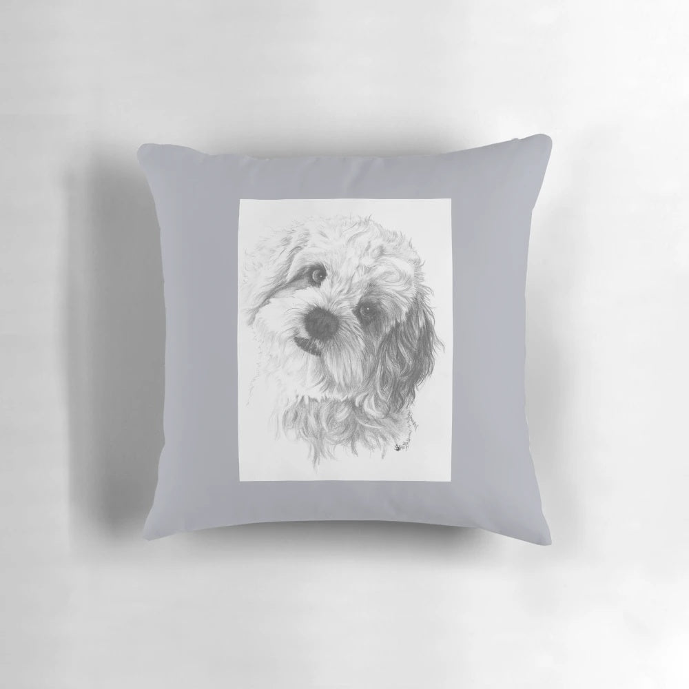 A highly detailed graphite portrait of a Cavachon dog printed on a soft, comfortable throw pillow.