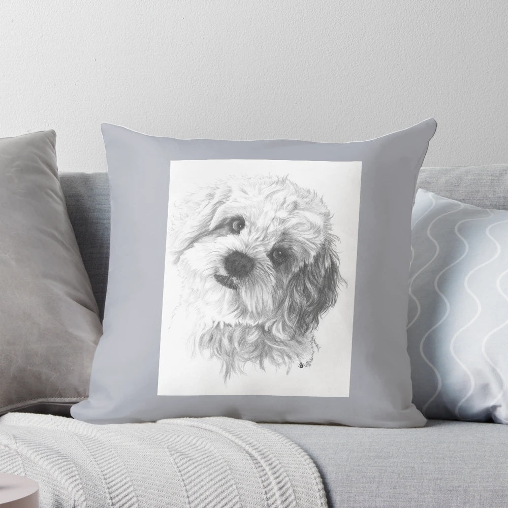 A highly detailed graphite portrait of a Cavachon dog printed on a soft, comfortable throw pillow.