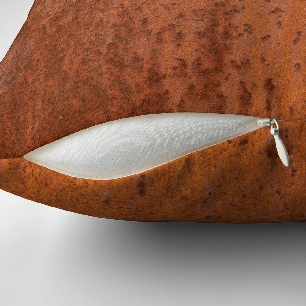 Detailed closeup of a slightly rough, weathered and rusted orange-red metal sheet texture, perfect for a pillow design.