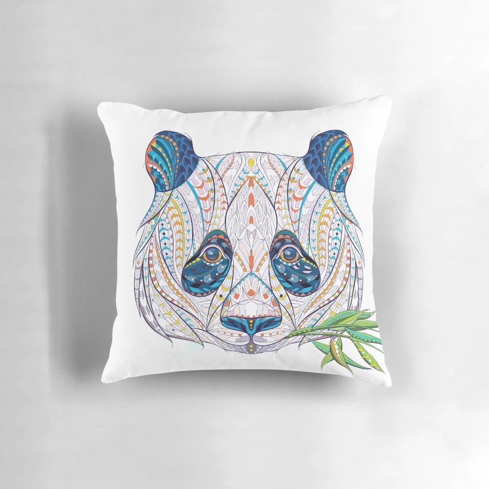 Highly detailed ethnic panda bear illustration on a throw pillow