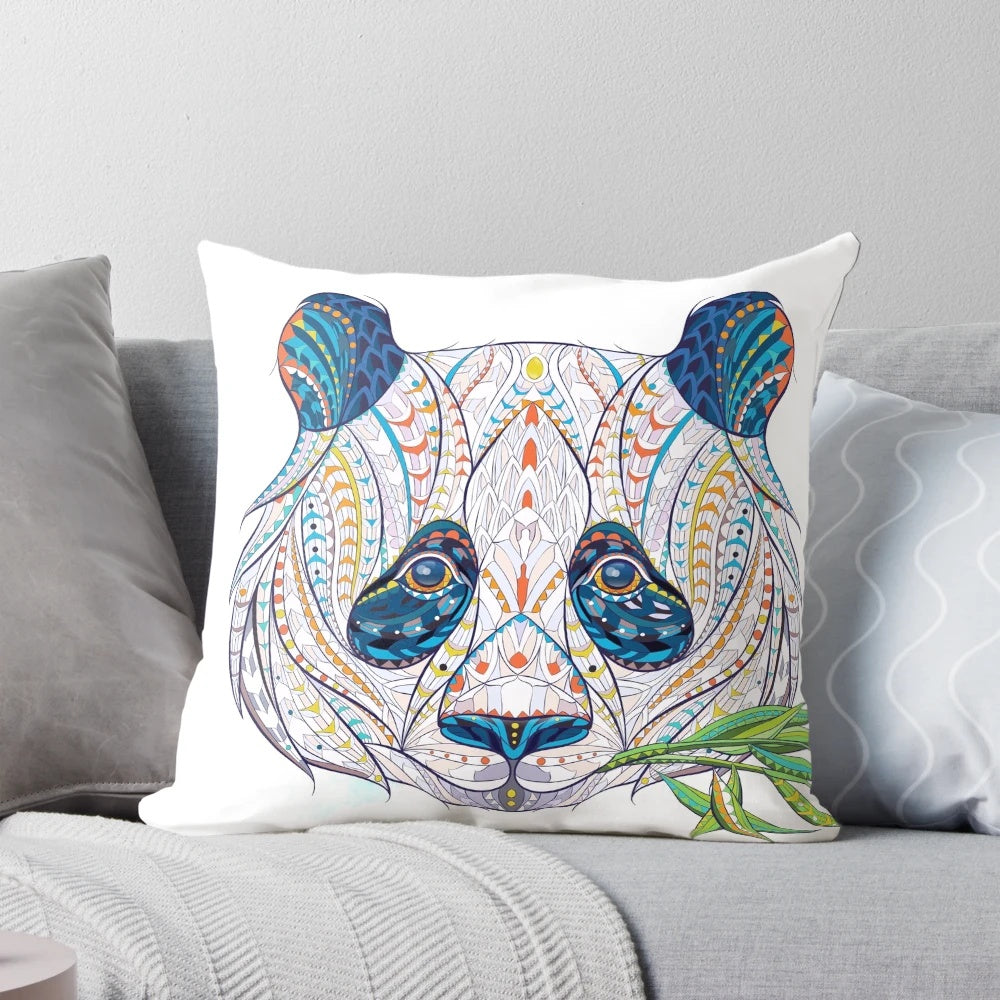 Highly detailed ethnic panda bear illustration on a throw pillow