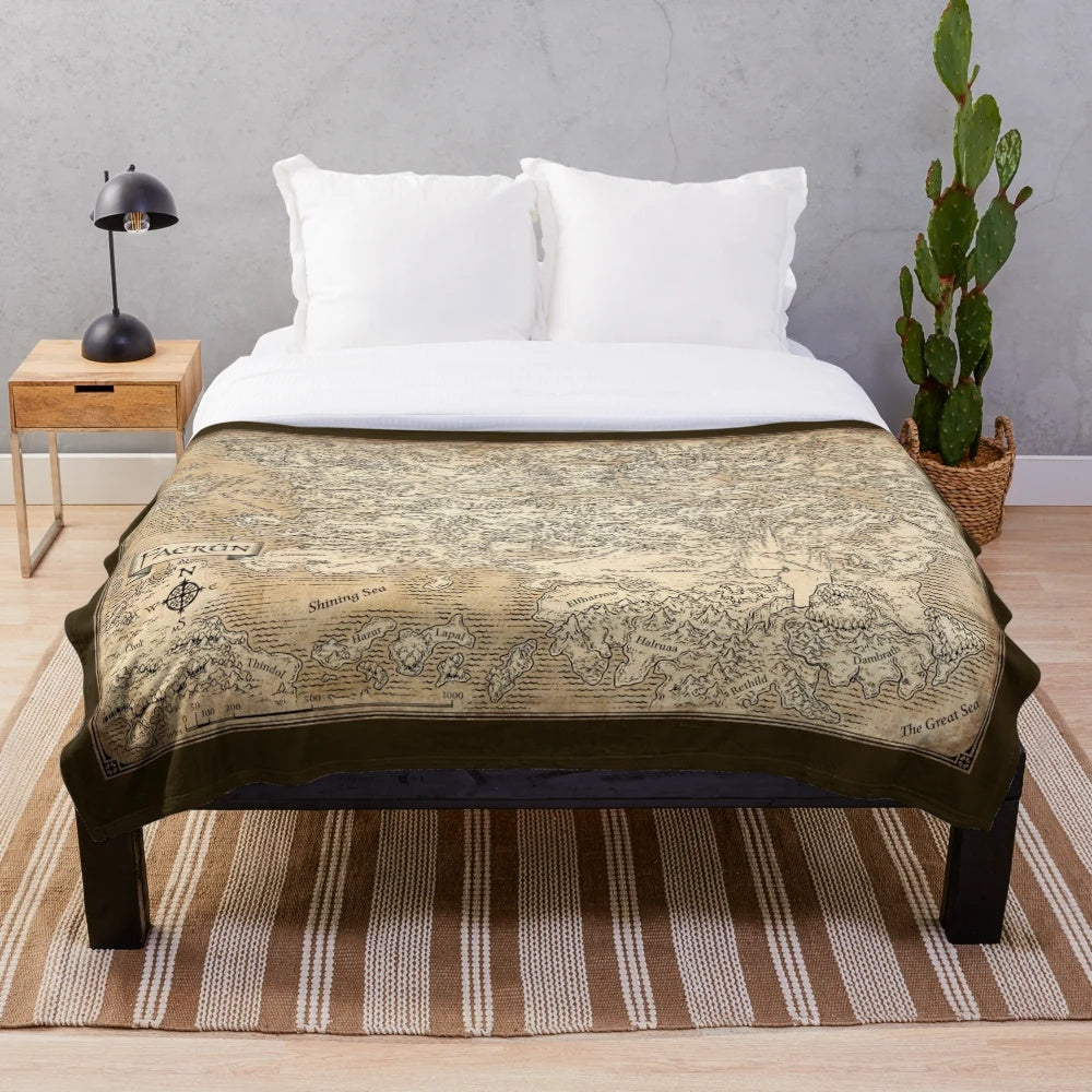 Annotated map of the Dungeons and Dragons world of Faerun printed on a cozy plush blanket