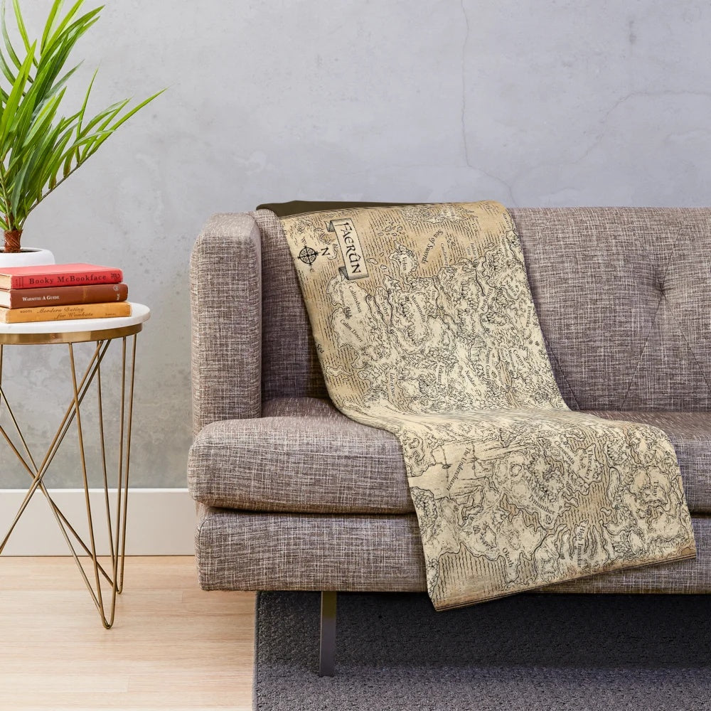 Annotated map of the Dungeons and Dragons world of Faerun printed on a cozy plush blanket