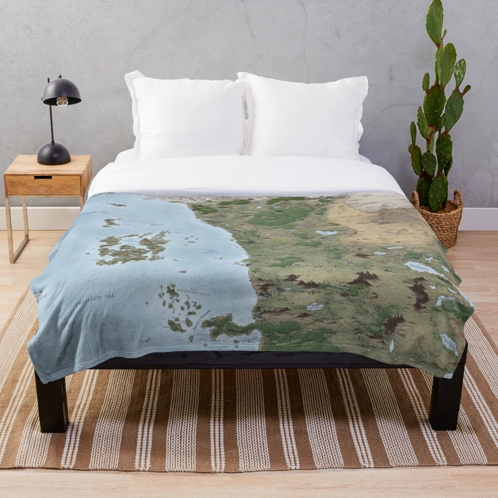 Detailed map of West Faerun from the Forgotten Realms fantasy world on a plush blanket