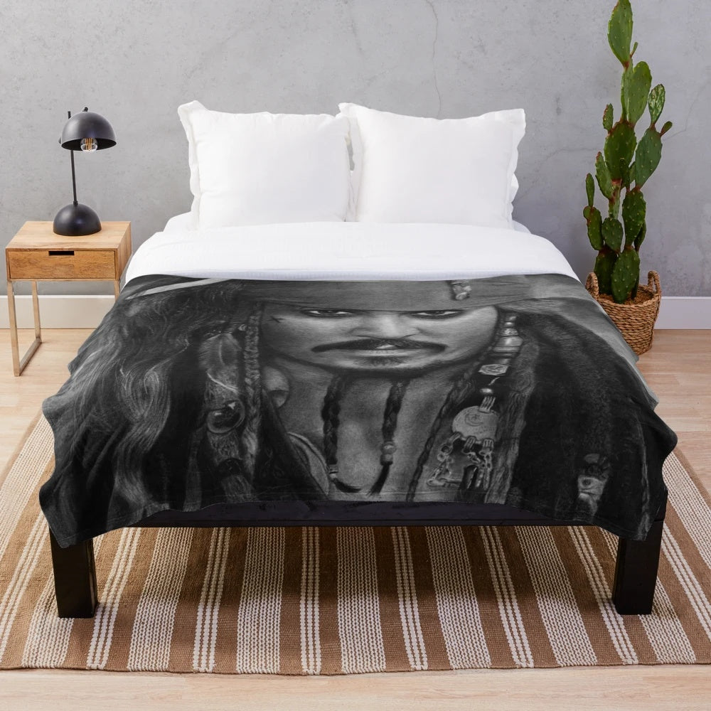 Hyperrealistic Jack Sparrow plush blanket featuring a detailed portrait of the iconic movie character