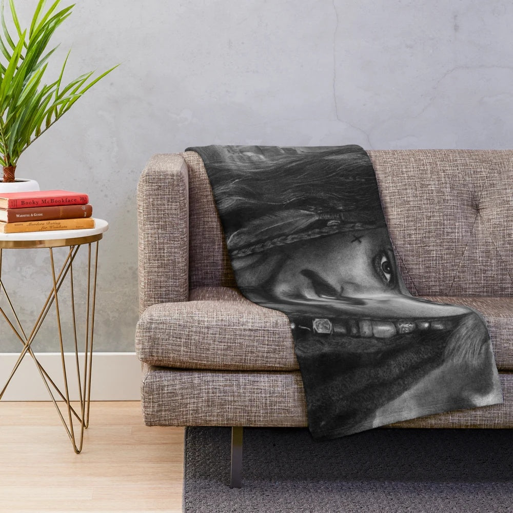 Hyperrealistic Jack Sparrow plush blanket featuring a detailed portrait of the iconic movie character