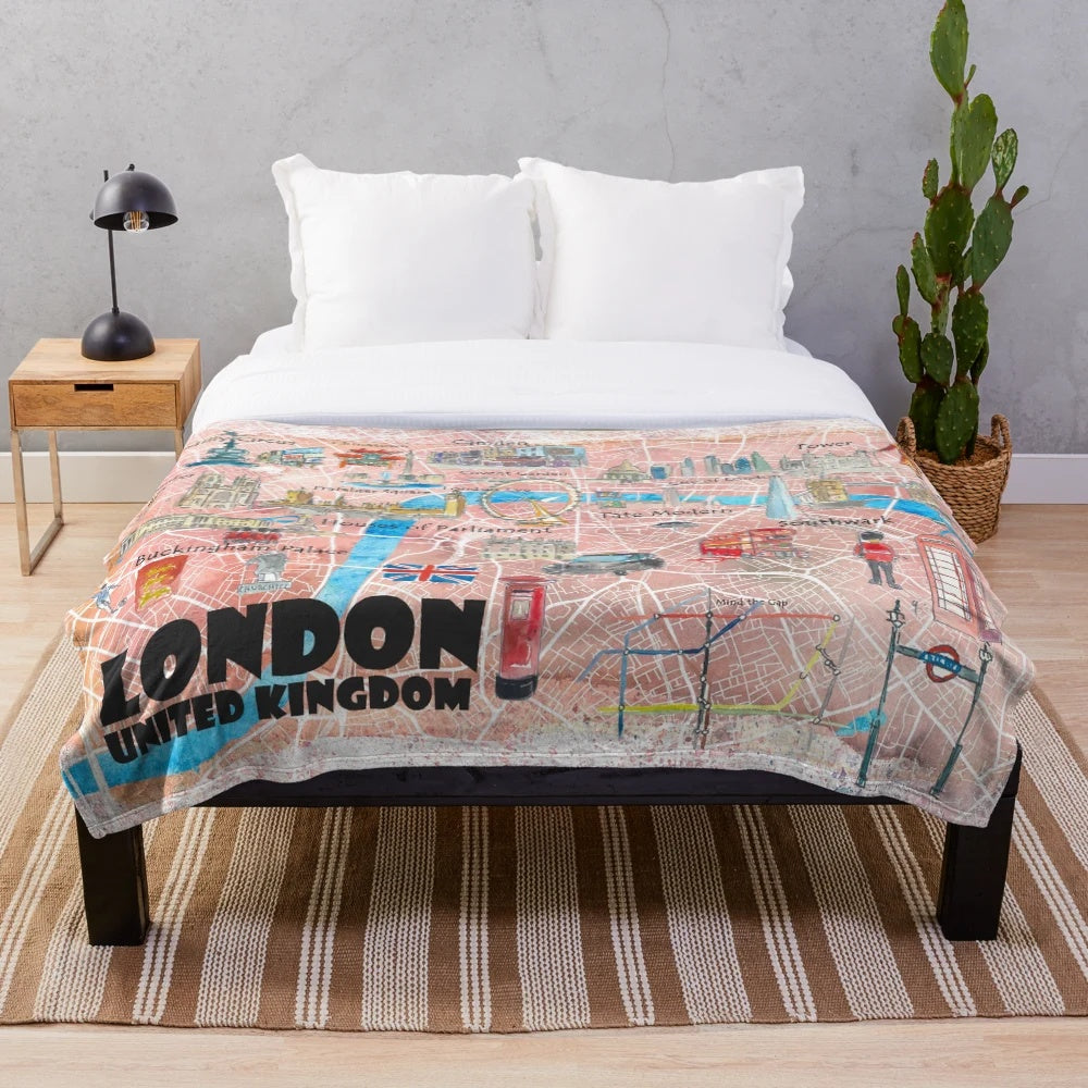 Plush blanket featuring a detailed illustrated map of London, England with landmarks and highlights