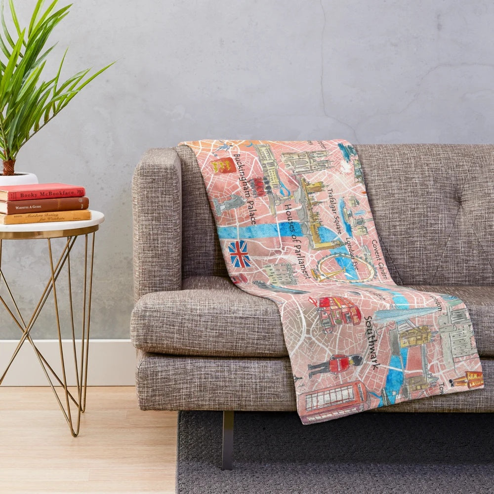 Plush blanket featuring a detailed illustrated map of London, England with landmarks and highlights