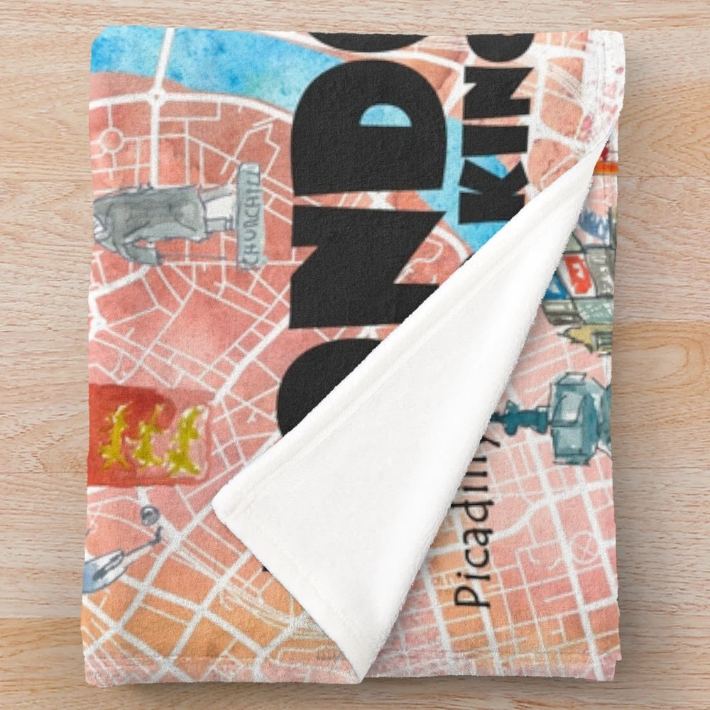Plush blanket featuring a detailed illustrated map of London, England with landmarks and highlights