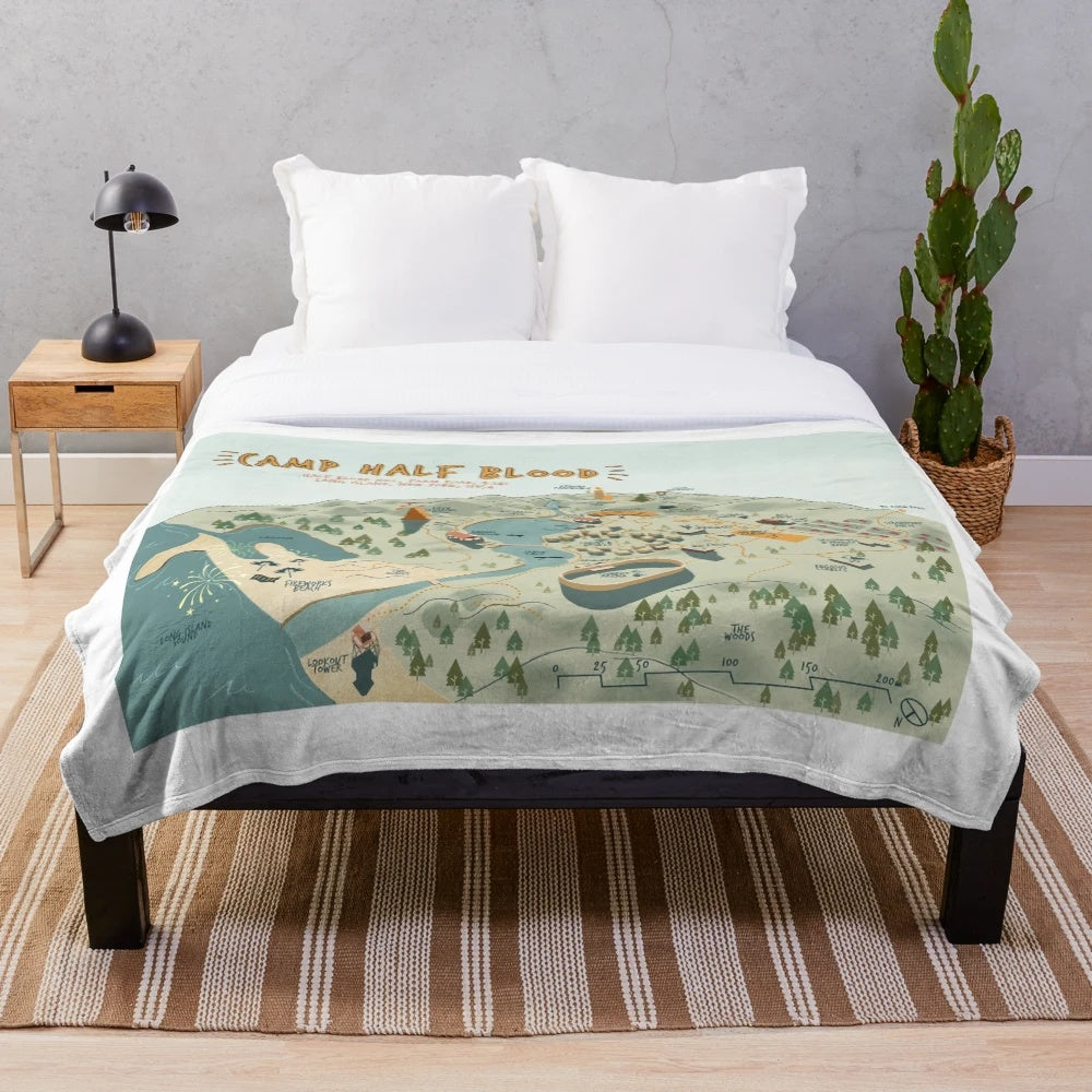 Plush blanket featuring a detailed map of Camp Half-Blood from the Percy Jackson universe