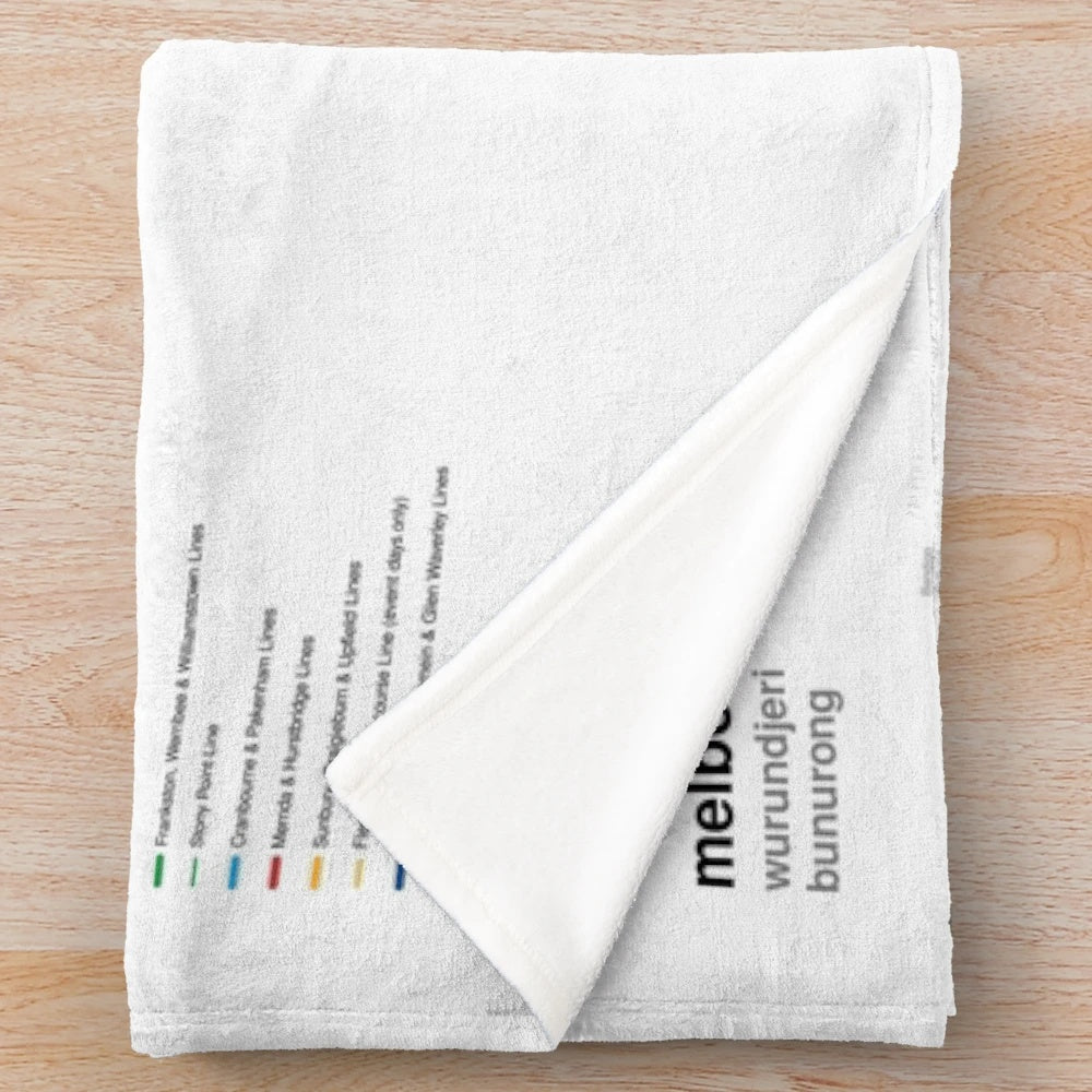 Melbourne rail network map plush blanket featuring a detailed map of the rail and train system in Melbourne, Australia.