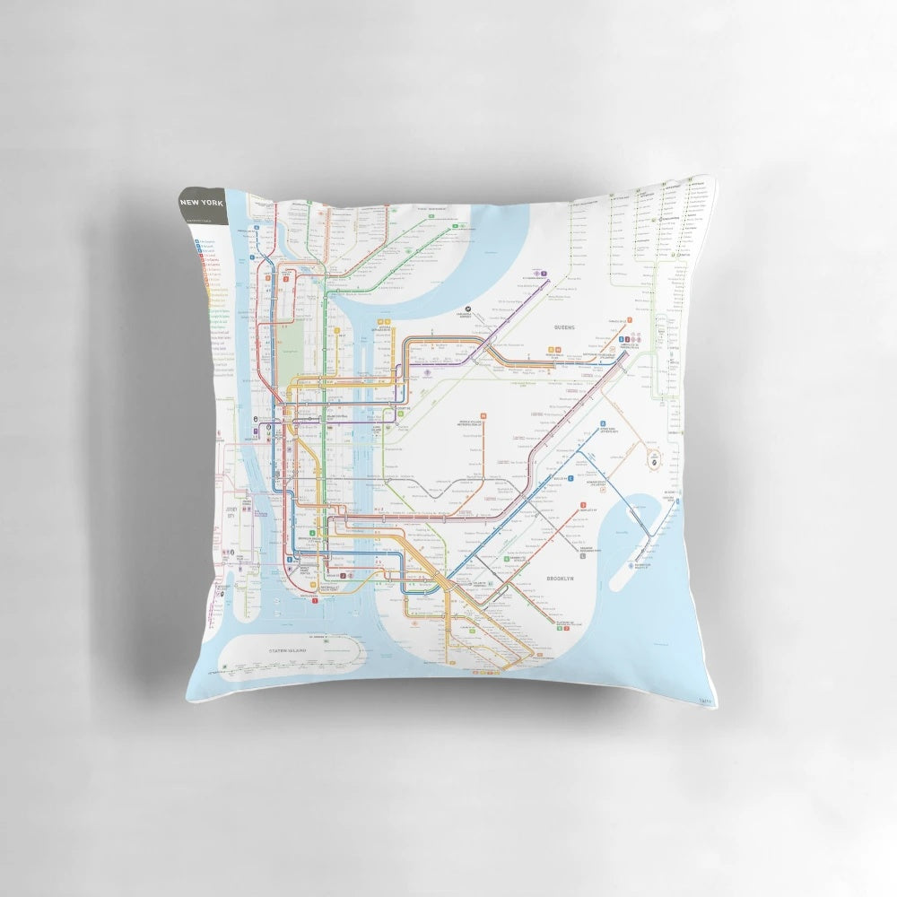 Detailed New York City subway map printed on a comfortable pillow