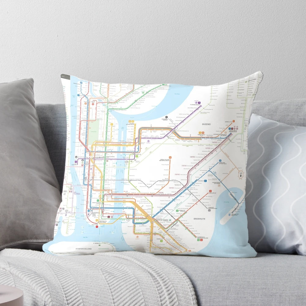Detailed New York City subway map printed on a comfortable pillow