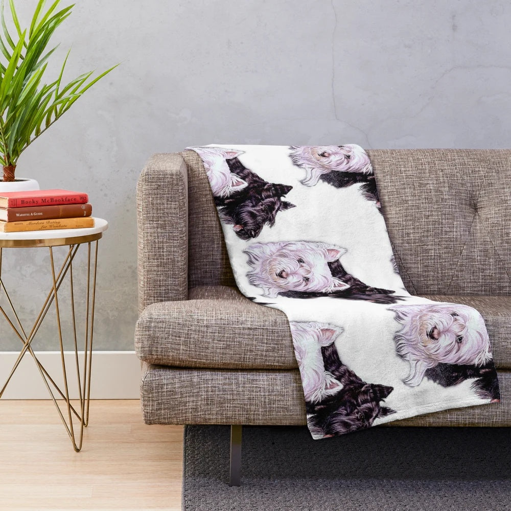 Detailed plush blanket with realistic scottish terrier and west highland white terrier puppies