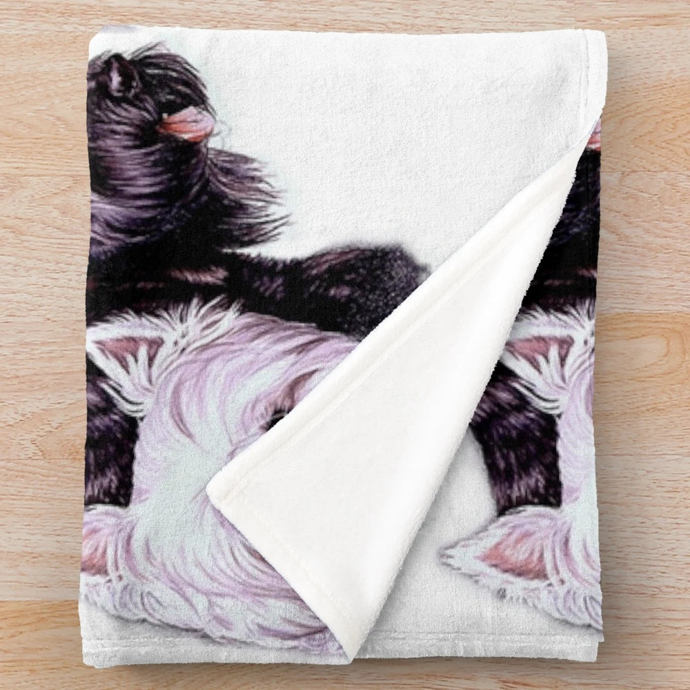 Detailed plush blanket with realistic scottish terrier and west highland white terrier puppies