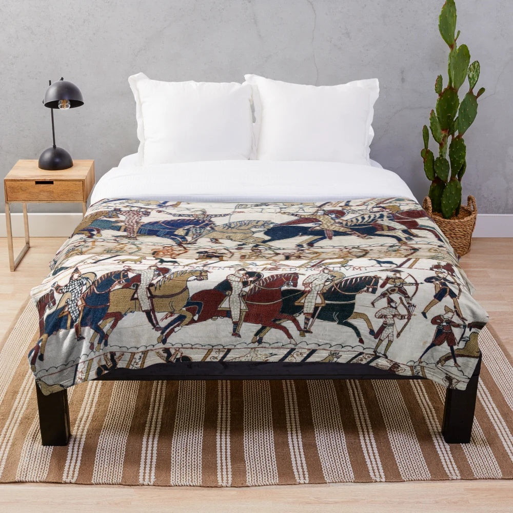 Detailed plush blanket with image of norman knights and archers from the Bayeux Tapestry