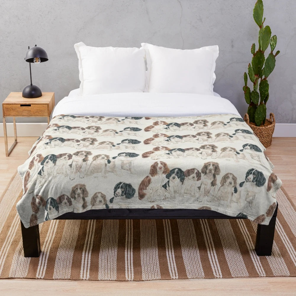 Detailed plush blanket featuring a realistic English Springer Spaniel puppy design