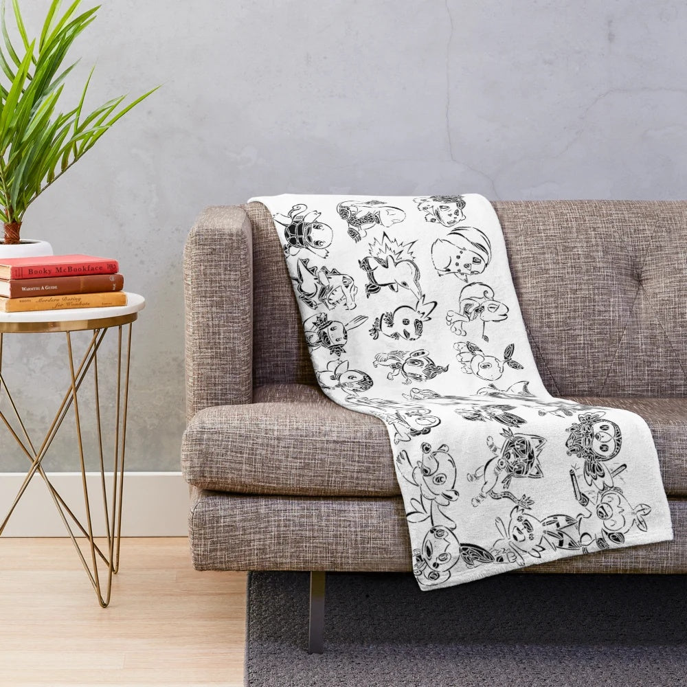 Detailed Pokemon-inspired black and white plush blanket