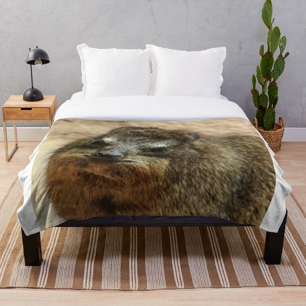 Close-up photo of a rock hyrax on a plush blanket