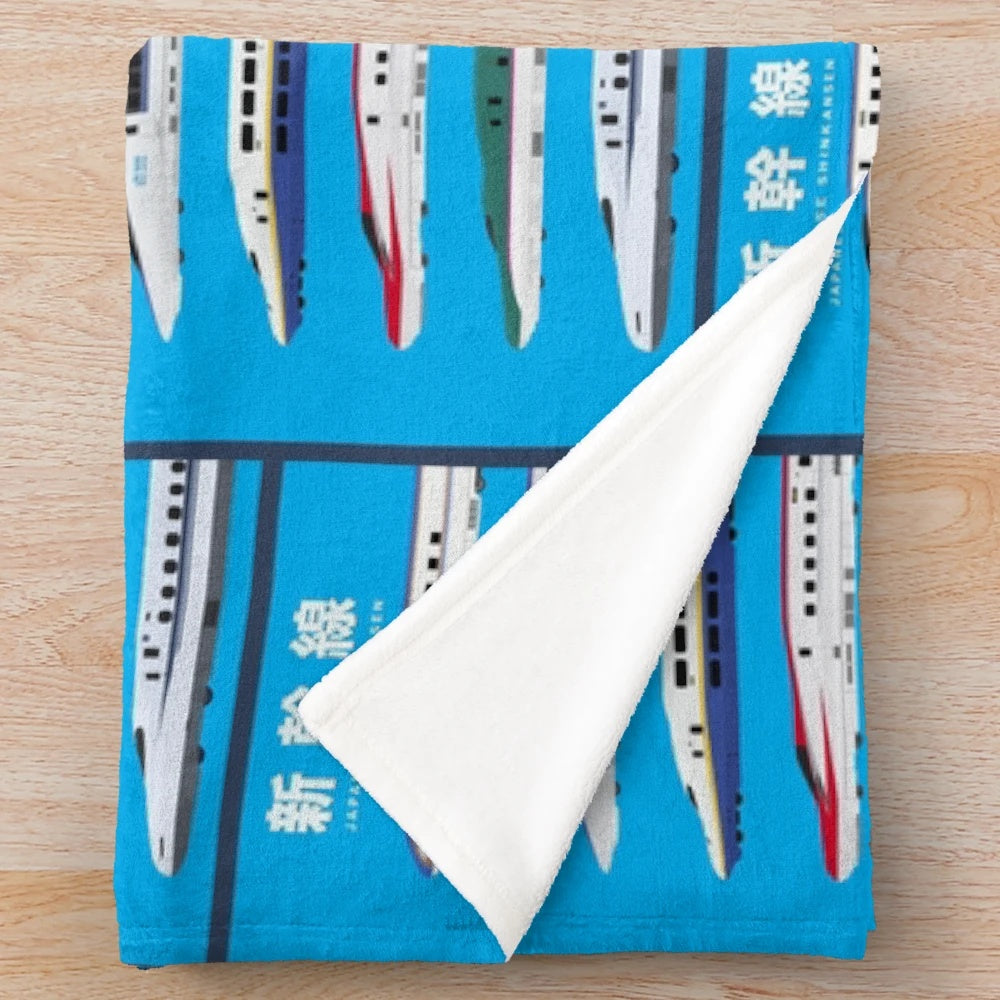 Japanese Shinkansen bullet train side view illustration on plush blanket