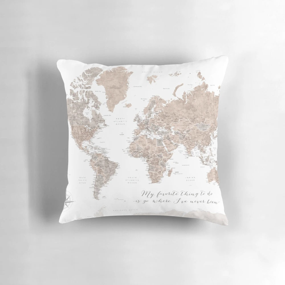 Detailed taupe world map illustration on a throw pillow