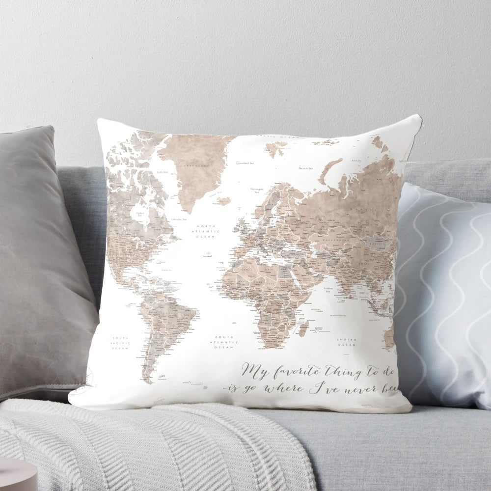 Detailed taupe world map illustration on a throw pillow