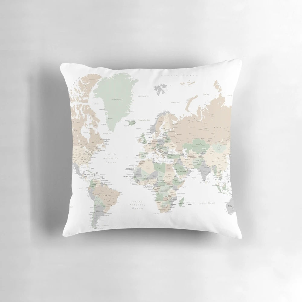 Detailed world map with cities printed on a green and gray pillow, perfect for modern home, nursery, or travel-themed decor.